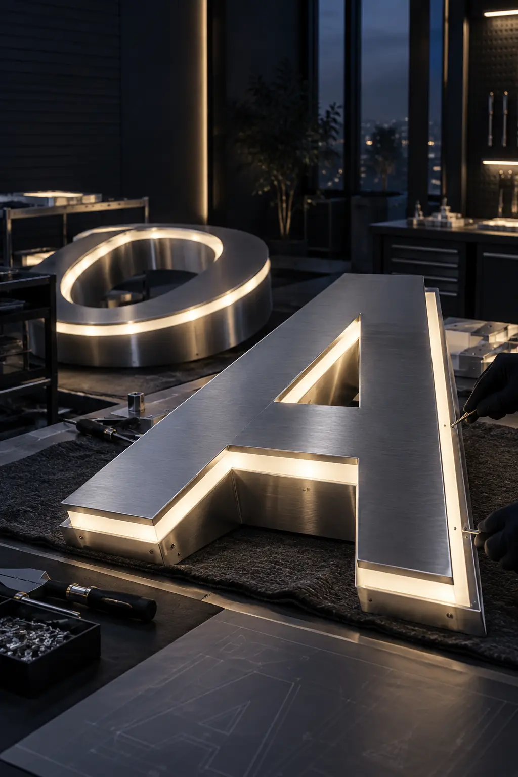 Litere volumetrice metalice iluminate în producție